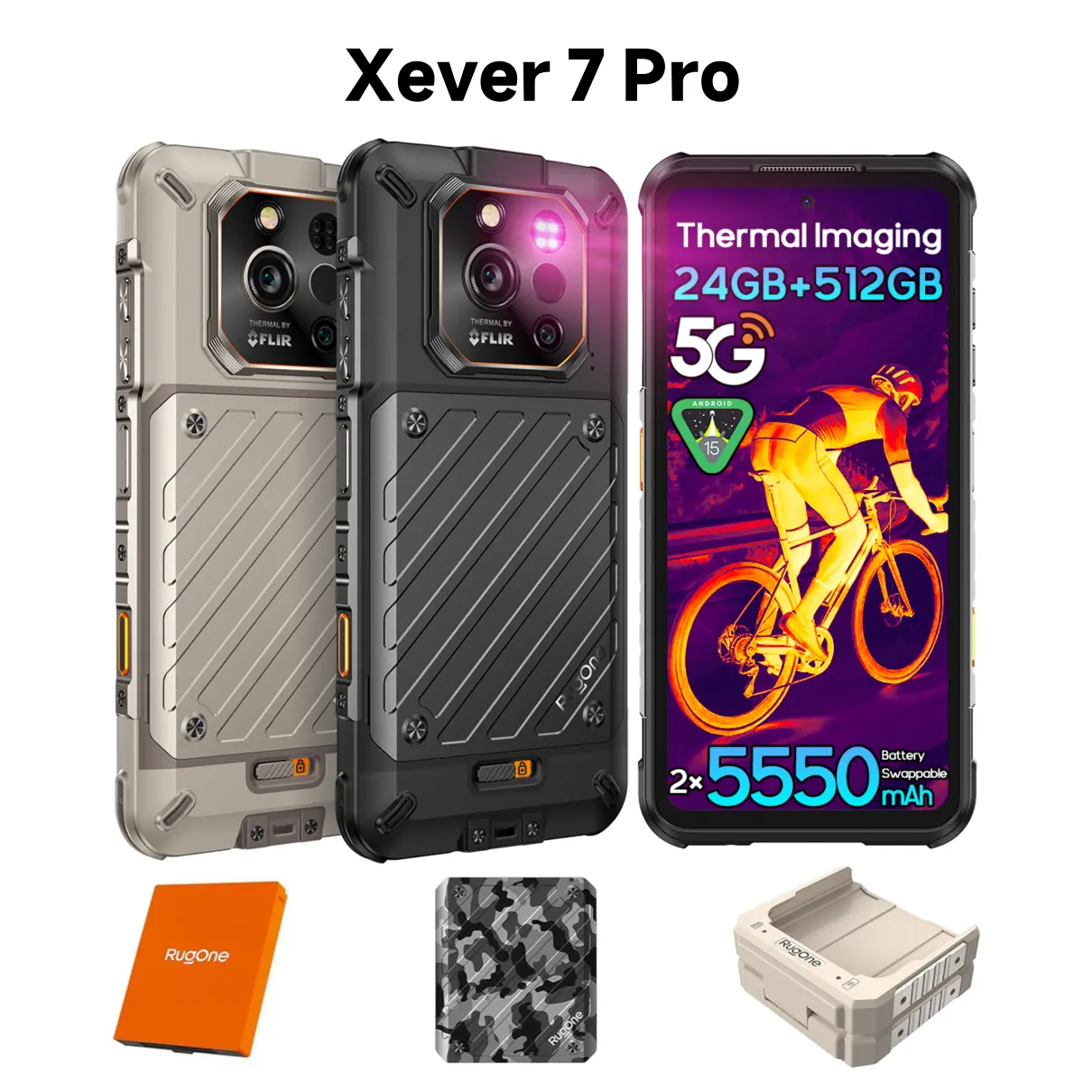 RugOne Xever 7 Pro Thermal/Xever 7 Rugged Phone Unlocked, Dual 5550mAh Swappable Batteries(33W), Dual 5G, 24GB+512GB Dimensity 7025, 64MP+50MP+50MP+32MP, 6.67" 120Hz AMOLED Screen, eSIM/Flashlight/Waterproof/NFC, Black