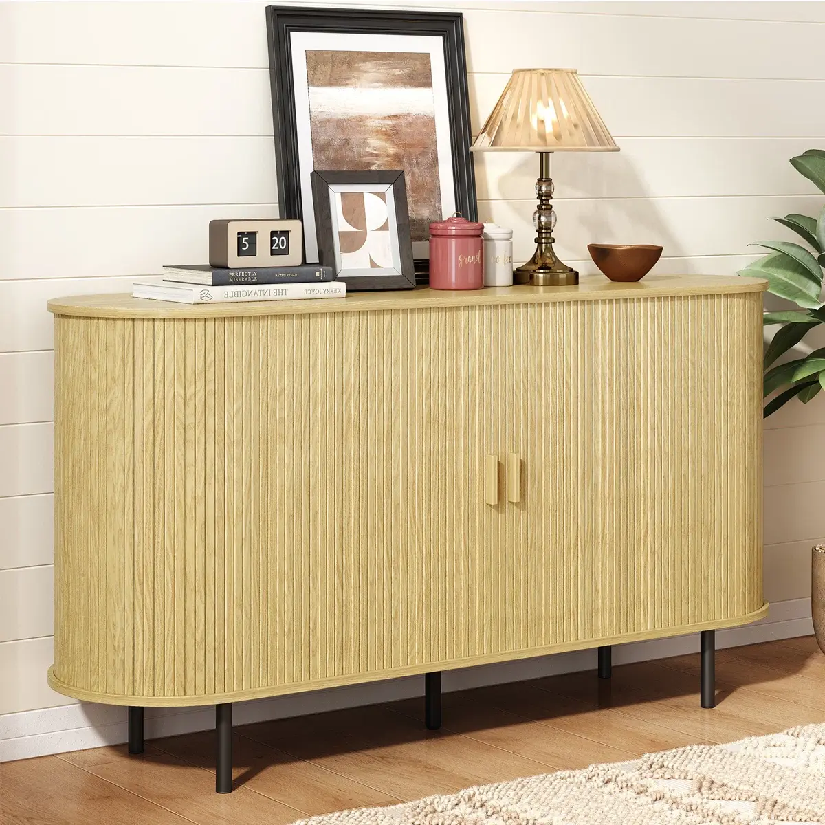 【SummerFinds】ONBRILL 55" Sturdy Modern Wood Farmhouse Sideboard Storage Cabinet - Narrow Space-Saving Console Table with 2 Drawers, Sliding Doors, Curved Edges, Adjustable Shelf for Hallway, Living Room (Assembly Required)