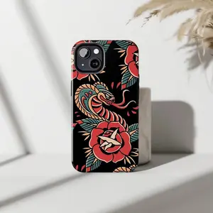 American Traditional Snake & Rose Tattoo Phone Case  Old School Edgy Vintage Art  For iP Phone 15, 14, 13, 12, 11 Pro Max, Plus, X, XR, XS