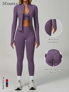 Women's Outdoor Quick-Dry Sports Set, Fitted Long Sleeve Jacket & V-Neck Sports Bra &z High-Waisted Yoga Pants 3-Piece Set, Suitable for Running, Rock Climbing, Fitness, Yoga, Pilates, and Casual Wear, Yoga Clothes Set