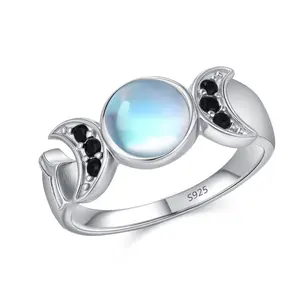 Audinceed Hecate Triple Moon Ring S925 Sterling Silver Moonstone, Witchtok Wiccan Pagan Celtic Pentacle Adjustable Open Ring, Protection Amulet Gift for Women