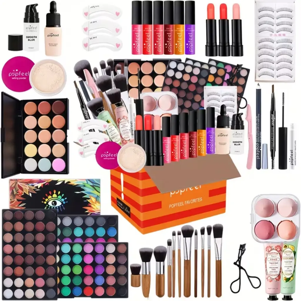 POPFEEL All-in-One Full Face Makeup Kit with Brush+ Volumizing Mascara-Complete BeautySet, Berry & Neutral Foundation, Blush, Eyeshadow Palette & Mascara Suitable for Gifts orPersonal Use, Comprehensive Powder-Based Makeup Collection
