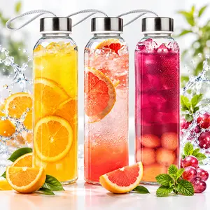 3 Packs Glass Water Bottles with Lid Clear Juice Bottles Reusable Bottle with Stainless Steel Cap Glass Cups Liquid Storage Containers for Juicing Beverage Refrigerator Travel-17oz