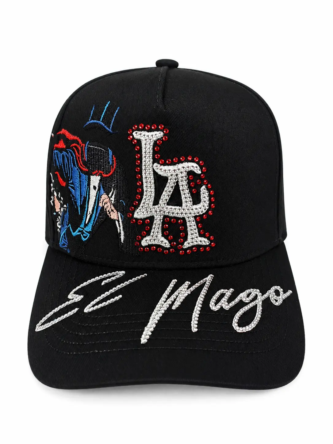 El Mago Black Cotton Baseball Cap, Everyday Casual Style, Rhinestone Graphic Script Print Design