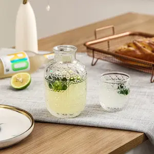 Bedside Water Bottle Set Drinkware with Glass Drinking Cup, Glass Carafe & Glass Tumblers, Bathroom Mouthwash Decanter, Modern Clear Glass Pitcher, Perfect Gift, Glassware Set