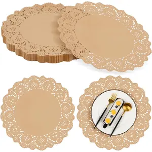 100 Pack Round Brown Kraft Paper Doilies 13.5 Inches Lace Paper Place Mats Rustic Scallop Doily Disposable Table Pads For Food,Cakes,Crafts,Party,Weddings Tableware Decor