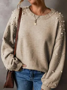 Women's Fashion Beaded Drop Shoulder Round Neck Long Sleeve Sweater, Autumn Winter New Style Versatile Pullover Top, Casual Knitwear for Women