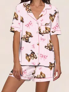 Cute Highland Cow Plush Bear Doll Spring Summer Sleepwear Women Pajama Set, Casual Fitted Two-Piece Home Wear Loungewear, Striped Bow Tie Printed