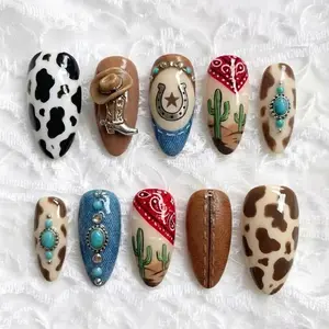 Western Cowgirl Press on Nails | Cow Print Boots Cactus Fake Nails | 3D Hat Turquoise Gem Glue on Nails | Luxury Handmade Set