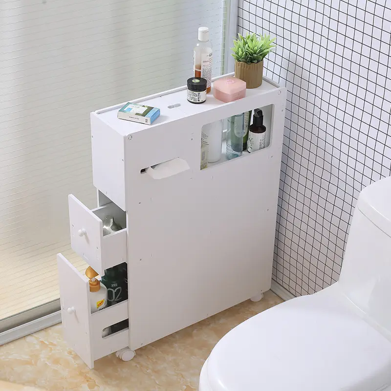 CNCEST Modern Narrow Bathroom Apartment Cabinet - Interior Storage Furniture with Drawers and Cabinets, 50kg Capacity Organizer, Locking Movable Wheels, Space-Saving Indoor Cupboard, Tissue Pull No Jams, Easy Assembly, Locking Wheels