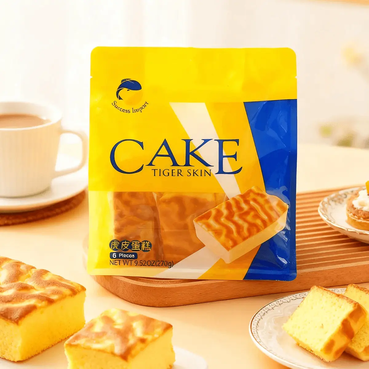 Success Import Traditional Tiger Skin Cake - 9.5 oz (270g), 6 Individually Wrapped Soft & Fluffy Swiss Roll Snacks, Baked Dessert Bite-Sized Snack Cakes & Pastries for Breakfast & Afternoon Tea, Food