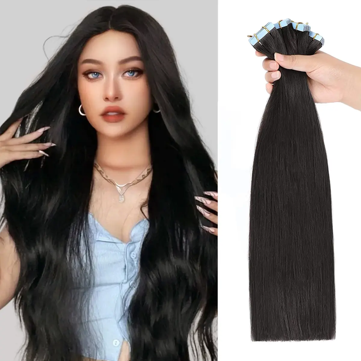 YILITE Real Human Hair Tape-in Extensions Premium Remy Straight, Reusable Self-Adhesive, #1B Natural Black (24Pcs)