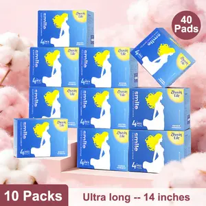 Zhuyinlife Organic Cotton Menstrual Pads 40ct | 10 Packs, 14 Inch Extra Long Overnight, 8HR Odor Control, Leakproof, Super Absorbent Unscented, Heavy Flow Night Use