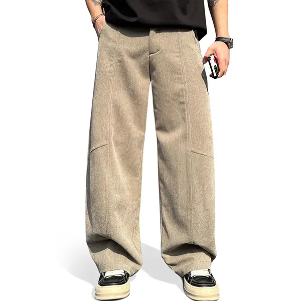 HeSaYep Men's Baggy Casual Barrel Leg Pants, Lyocell Cotton Midweight Casual Lounge & Business Trousers, Mid-Waist Button Front, Streetwear Y2K Fashion Daily Commuting Travel Vacation Office Casual Wear for Young Adults