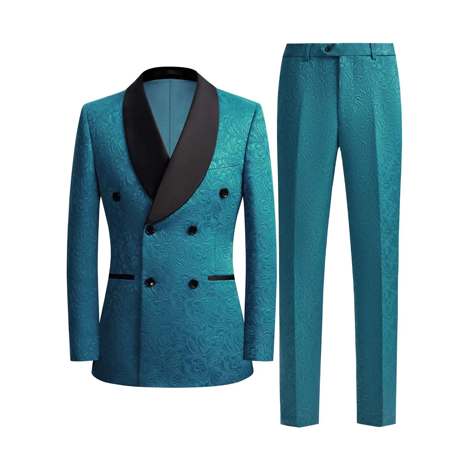 Men's 2-Piece Elegant Floral Jacquard Double-Breasted Satin Suit Set - Long Sleeve Shawl Lapel Blazer, Slim Tapered Pockets Trousers, Formal Fabric Menswear for Wedding, Special Events, Classic, Evening, Textured, Tuxedo, Chic, Black, Rayon, Bow, Fitted,,