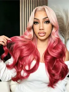 Pink to Rose Red Ombre Body Wave Lace Front Wig 28" 13x4 HD Transparent Lace Heat Resistant Synthetic Hair Pre-Plucked Natural Hairline Free Parting for Women Party & Festival Wear