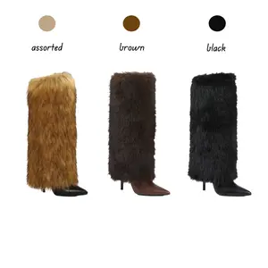 Women's black plush pointed thin heeled boots with warm and fashionable high heels