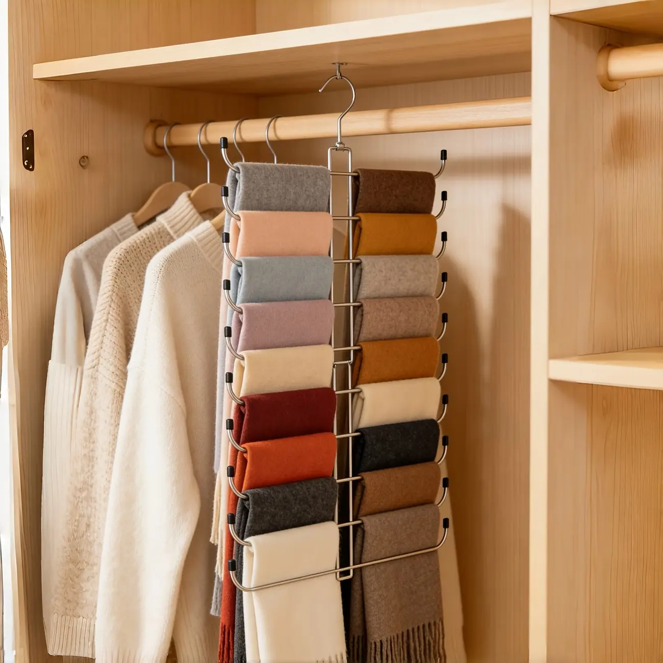 Rotatable scarf storage rack, sturdy iron, can hold 20 towels, multi-layer curved rod side anti-skid hook, universal for tie belt silk scarves