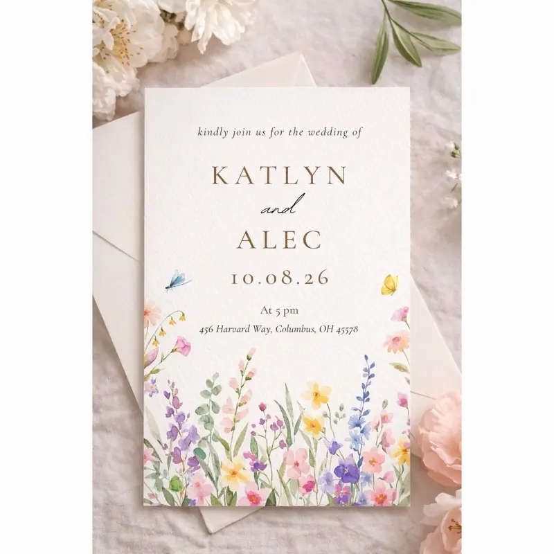 Botanical Floral Wedding Invitations Wildflower Garden Invite Soft Romantic 5x7 Cardstock for Elegant Events Personalized RSVP Available