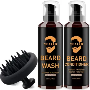 Beard Wash and Conditioner & Silicone Beard Brush Set w/Argan & Jojoba Oils - Reduce Beard Itchy, Dandruff, Beard Shampoo, Softens & Strengthens & Shine - 2 x 4 Fl Oz 120ML
