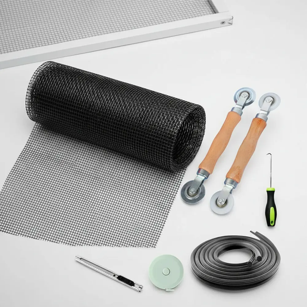 7 Packs Windows Screen and Screen Door Repair Kit, 48"x118" Charcoal Fiberglass Mesh with Rolling Tool/Hook/Ruler/Cutter/Spline - Window Screen & Sliding Screen Door Replacement for Windows