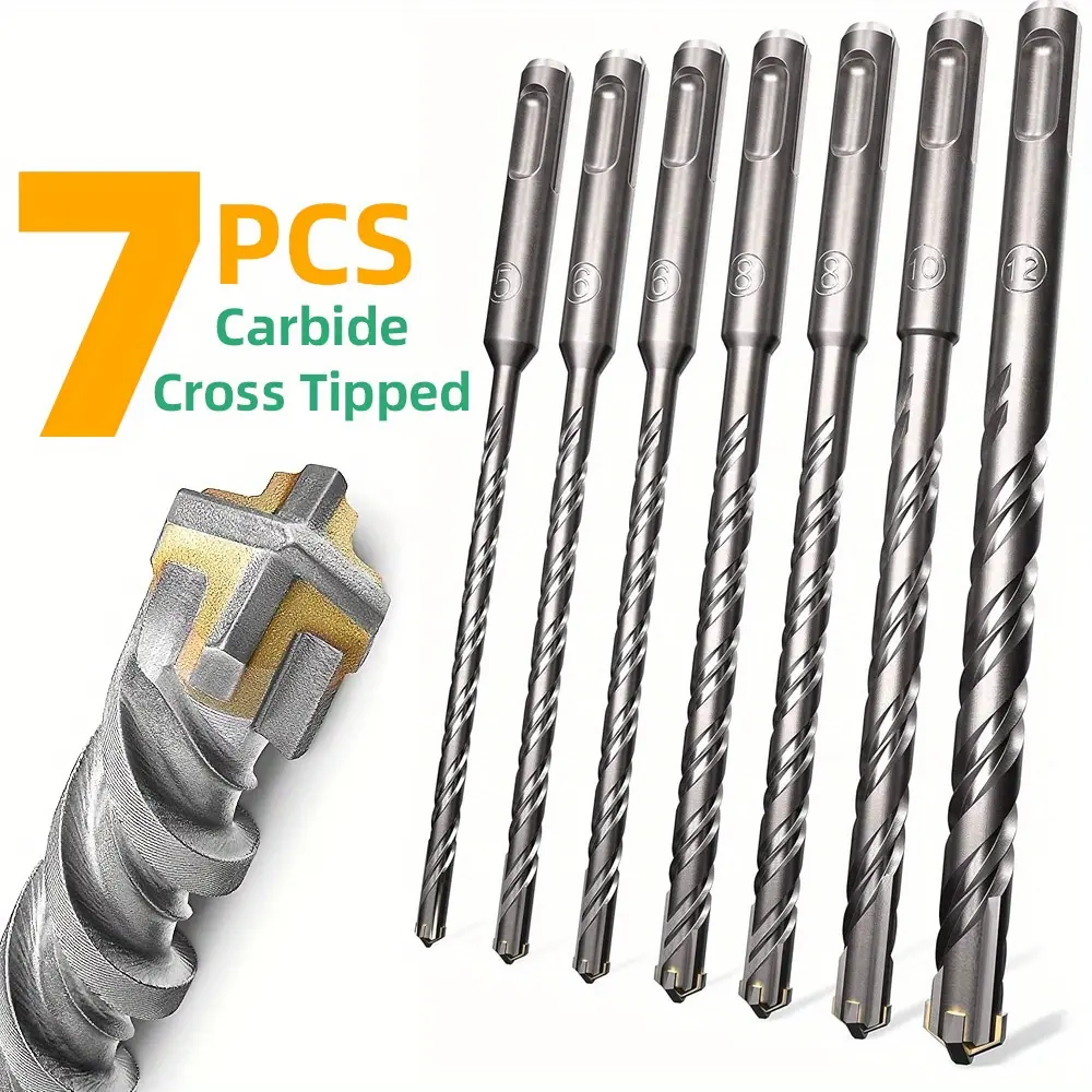 SENDRILL 7PCS SDS-Plus Carbide Cross-Tipped Drill Bits Kit - All Common Sizes Sets for Rotary Hammer, Chisel Use on Masonry, Concrete, Hard Stone with High Drilling Speed