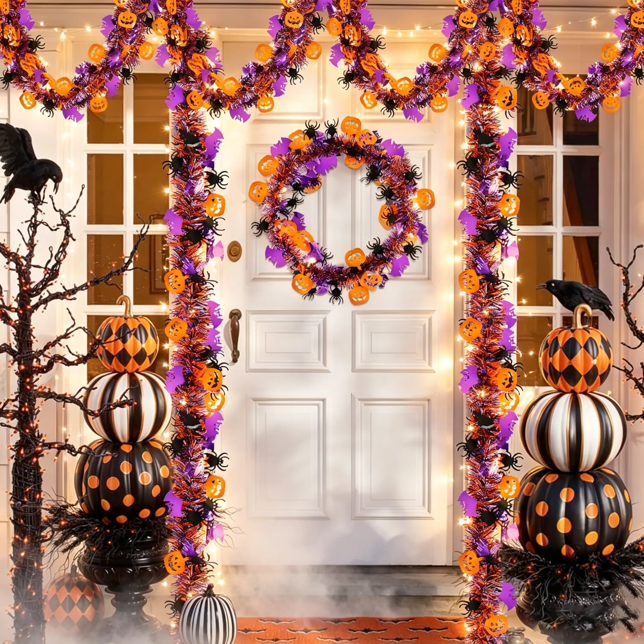 2-Pack Halloween Tinsel Garland (6.56 Ft Purple-Orange Metallic) with Pumpkin, Bat, Spider Cutouts & 13.12 Ft Warm White LED String Lights, Indoor-Outdoor DIY Specialty Decor for Front Door, Stairs (Toys & Hobbies), Set, Spooky