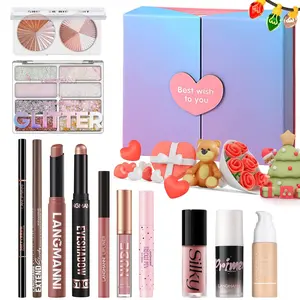 Beauty 12-Piece Holiday Gift Set, Complete Starter Cosmetic Set with Eyeshadow, Foundation, Lipstick, Blush, Eyeliner, Highlighter, Freckle Pen, Glitter Gel, Valentine's Day Surprise Gift Set