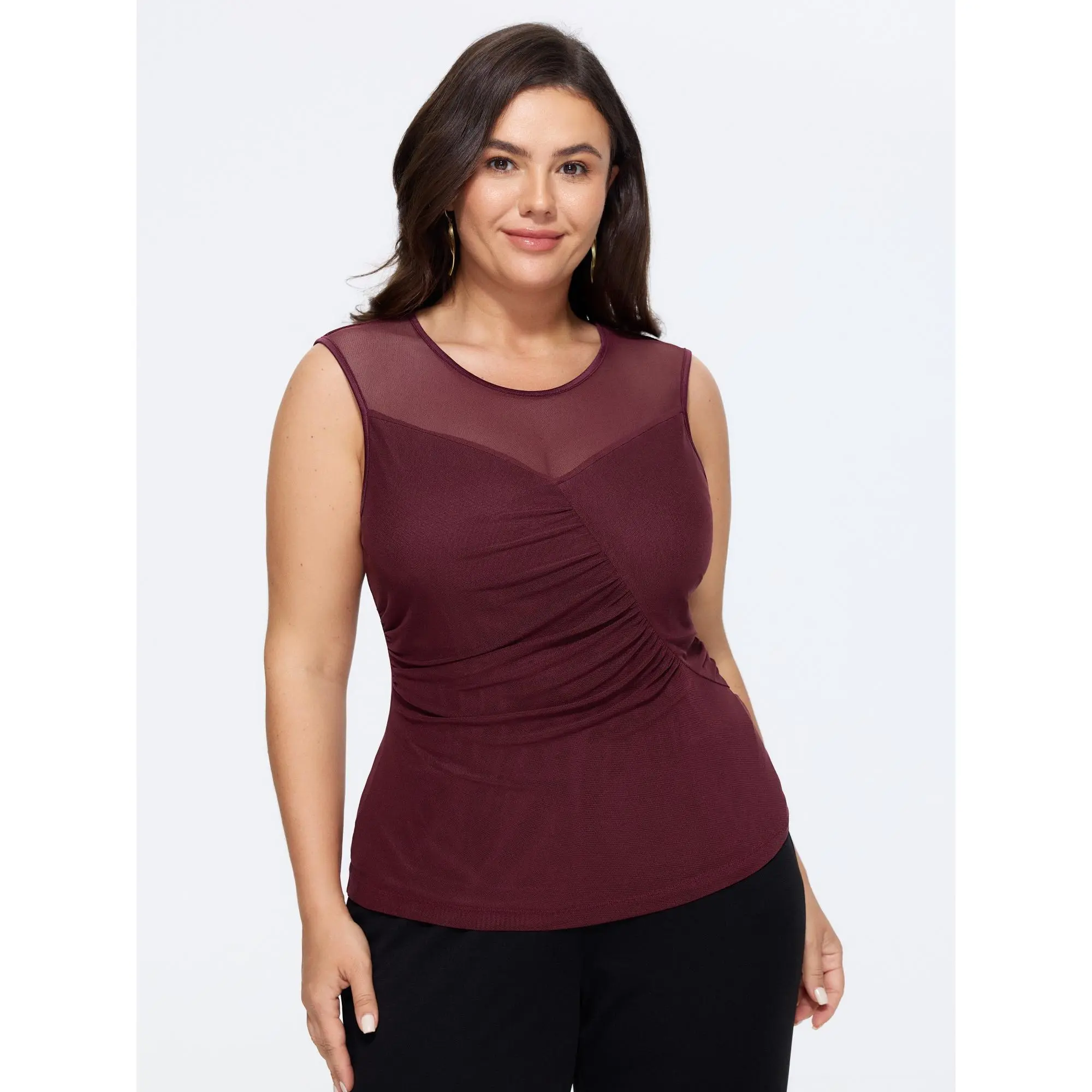 BloomChic Women's Plus Size Ruched Tank Top - Timeless Solid Sleeveless Fabric with Sheer Mesh Panels, Spandex Construction, Flattering Fit, Ruching Detail