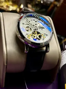 Vintage Mechanical Watch with Moon Phase Display, 24-Hour Dial, Automatic Movement, and Leather Band, Gift Box Packaging