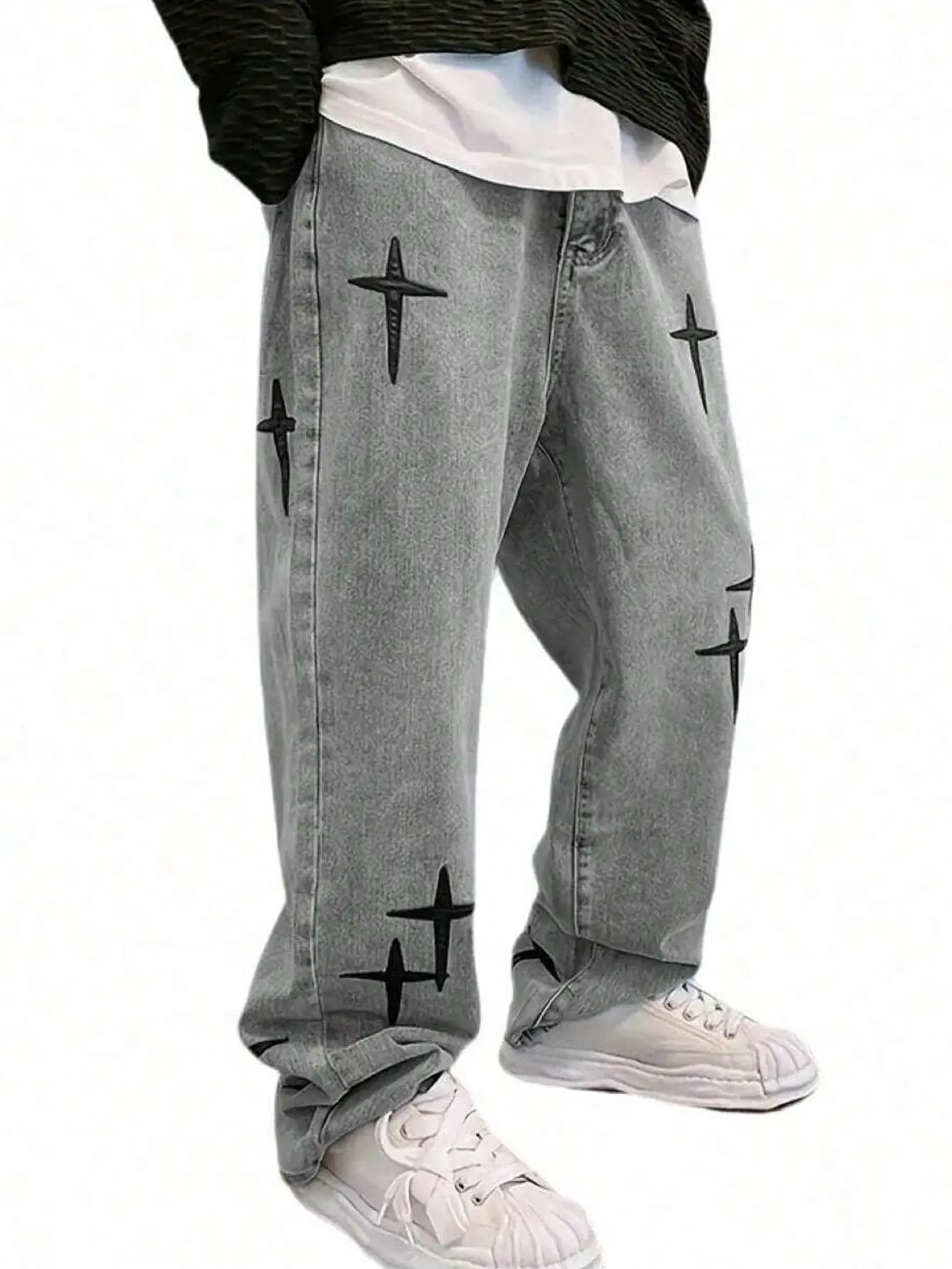 Men's Oversized Star-Embroidered Baggy Jeans - Loose Fit Straight Leg Denim Pants, Simple Casual Streetwear & Skateboarding Jeans Bottom, All-Season Menswear