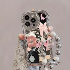 [Electroplated Silver Case] Unique, Durable, Electroplated Silver Curved Edge Pattern Mobile Phone Case with Pearl Bracelet Lanyard Design |   Anti-fall, Compatible with iPhone 16 15 14 13 12 11 Pro Promax 16 15 14 Plus, Cute Fashion, Thickened, Shockproo