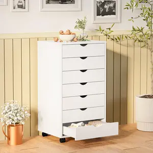 7 Drawer Chest - Storage Cabinets Dressers Wood Dresser Cabinet with Wheels Mobile Organizer Drawers for Office, Bedroom, Home