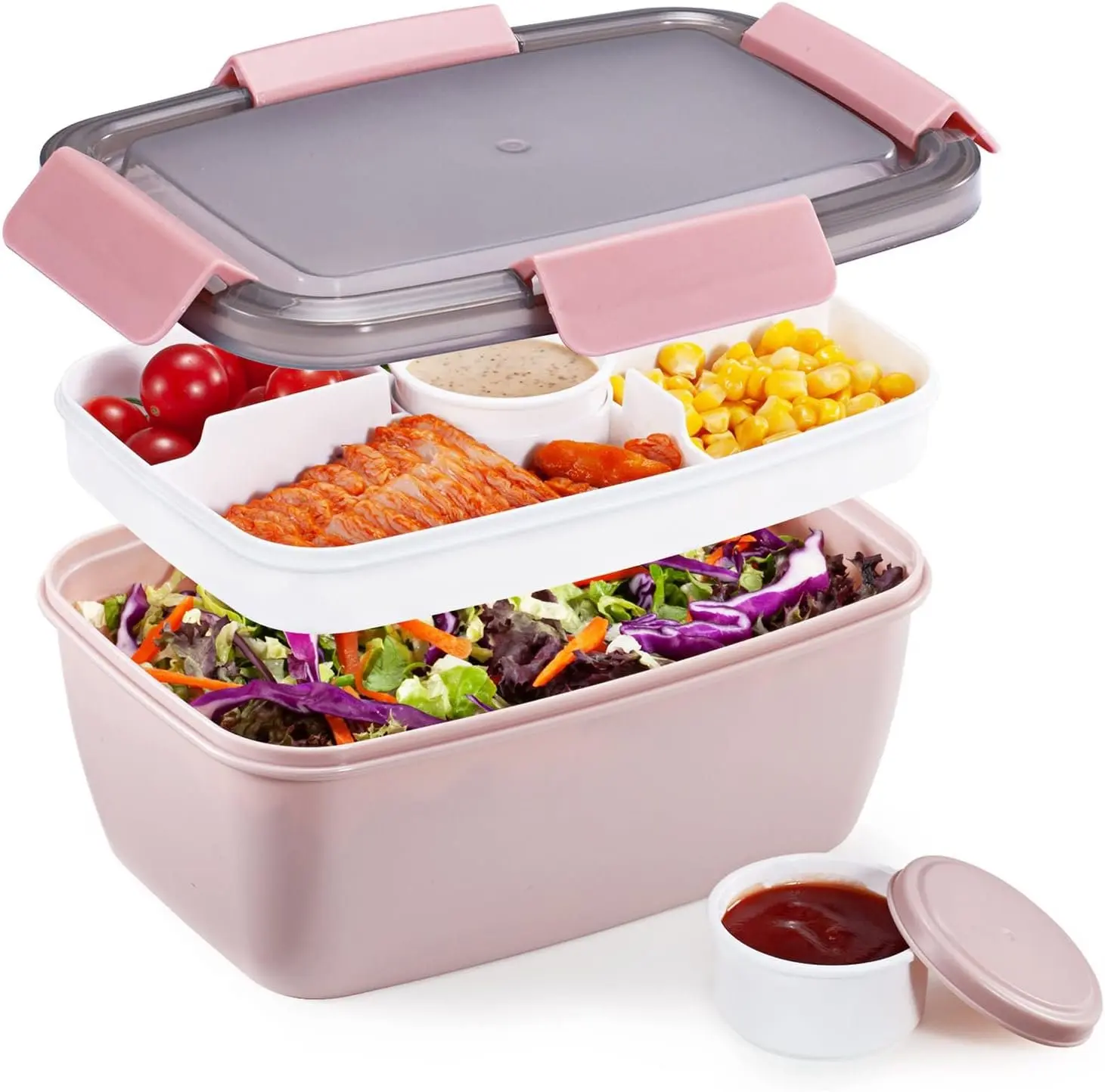 Durable Bento Box, Leakproof Airtight Adult Lunch Box - 68-oz Large Salad Container with 5-Compartment Tray, 2x3-oz Sauce Cups, Lid, Stackable (Pink)