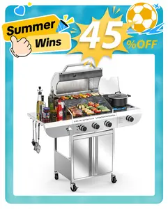 3-Burner Propane Gas Grill with Side Burner – 34,000 BTU Stainless Steel Outdoor BBQ Grill, Cast Iron Grates, Portable with Wheels for Patio, Camping, Summerwins summerwins