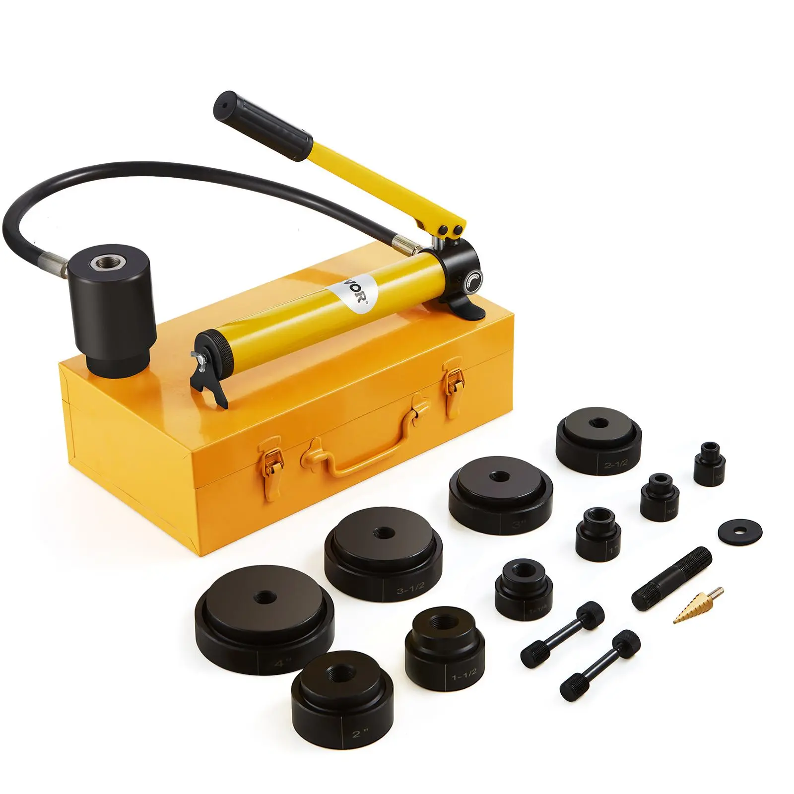 【summerfinds】VEVOR Hydraulic Knockout Punch Kit, 15 Ton 1/2" to 4" Conduit Hole Cutter Set, KO Tool Kits with Puncher 10 Piece, Metal Sheet Driver Tools, For Aluminum, Brass, Stainless Steel, Fiberglass and Plasti