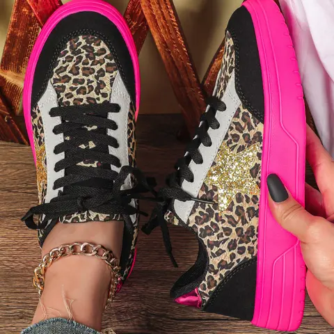 Women's Fashionable Leopard Print, Casual Low Top Breathable Shoes, Glitter Design Sneakers, Trendy Trainers, Street Style, All Seasons, Perfect Gift for Students