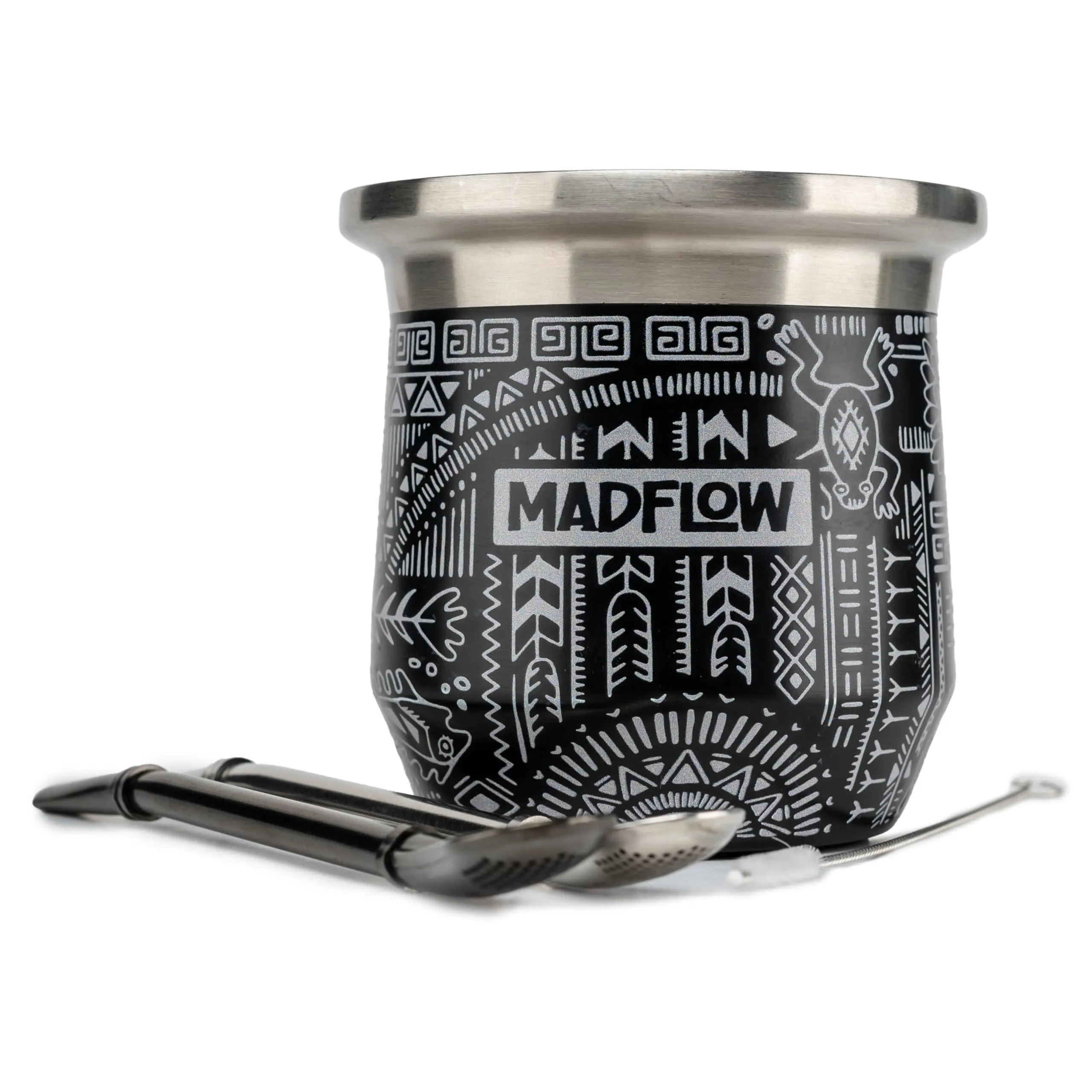 MADFLOW Yerba Mate Cup. Stainless Steel Mate Cup with 2 Bombillas. Double Wall Vacuum Insulated Yerba Mate Gourd. Unique Mate Cup And Bombilla Set