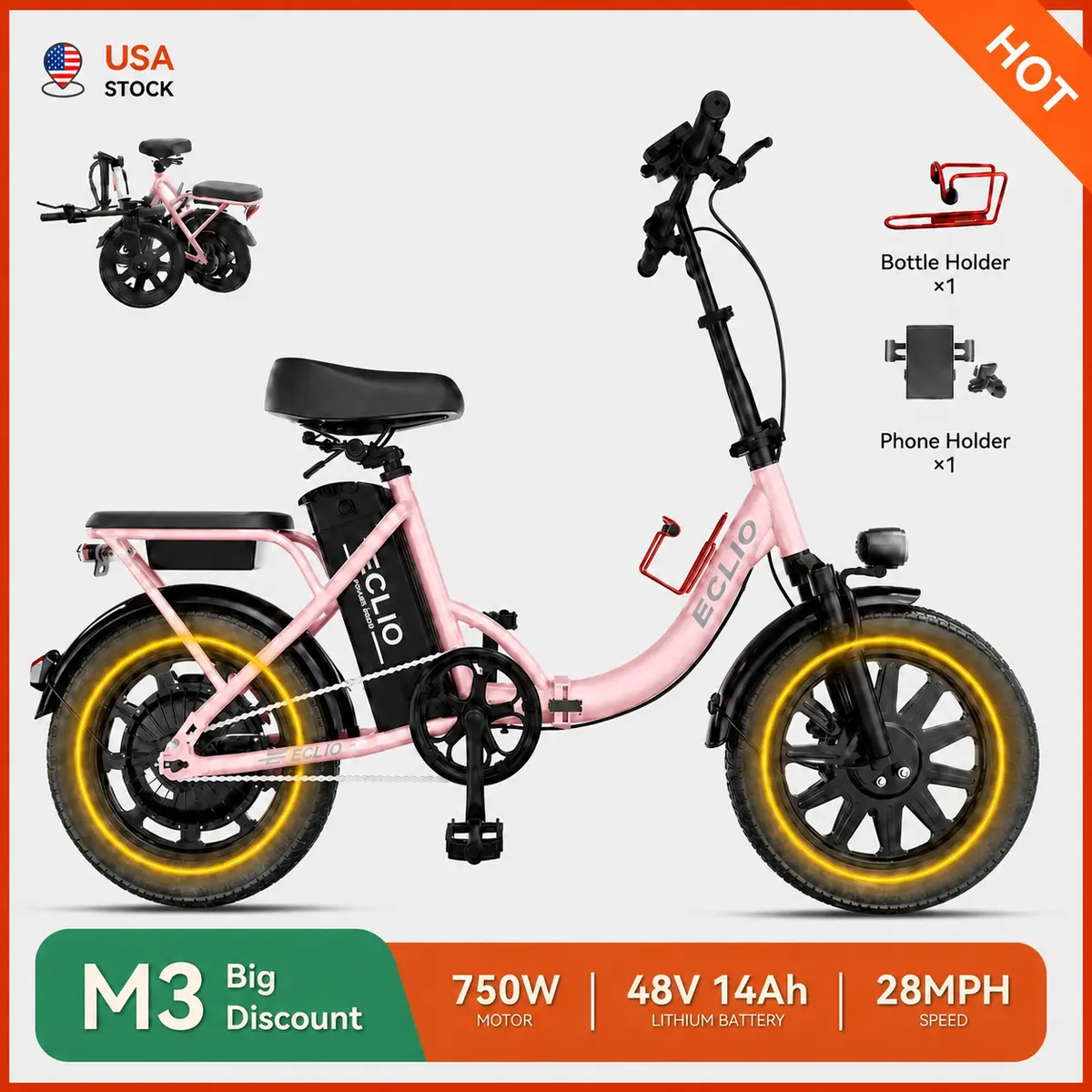 ECLIO M3 Long Range Folding Electric Bike for Adults | 750W Motor, Up to 28 MPH & Estimated 50-70 Mile PAS Range | 14" Tires, Full Suspension & Disc Brakes | 48V 14Ah Removable Battery | UL 2849 Certified, 1-Year Warranty & 30-Day Free Returns