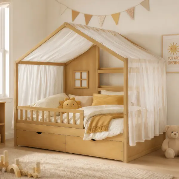 【Bellemave】Twin /Full Bed Frame for Kids, Montessori Floor Bed Style with Roof and Curtains, Safety Guardrails, 2 Storage Drawers, Wooden Bed for Boys Girls, No Box Spring Needed, Easy Assemble, Natural