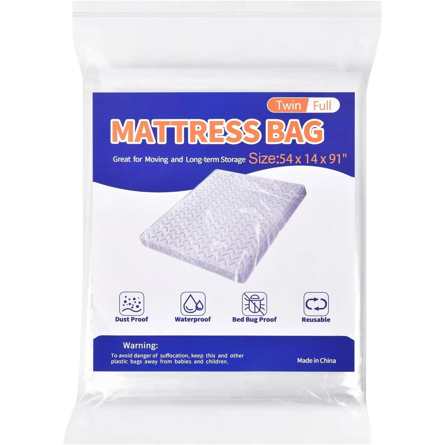 Mattress Bag for Moving Storage - Plastic Mattress Protector Cover, Twin and Full Size (1Pack, Twin/Full)