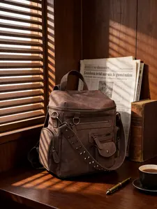 Women's Suede Rivet Motorcycle Wind Backpack, Multi-Pocket Zipper Wide Shoulder Strap, Vintage Casual Commuter Travel Bag