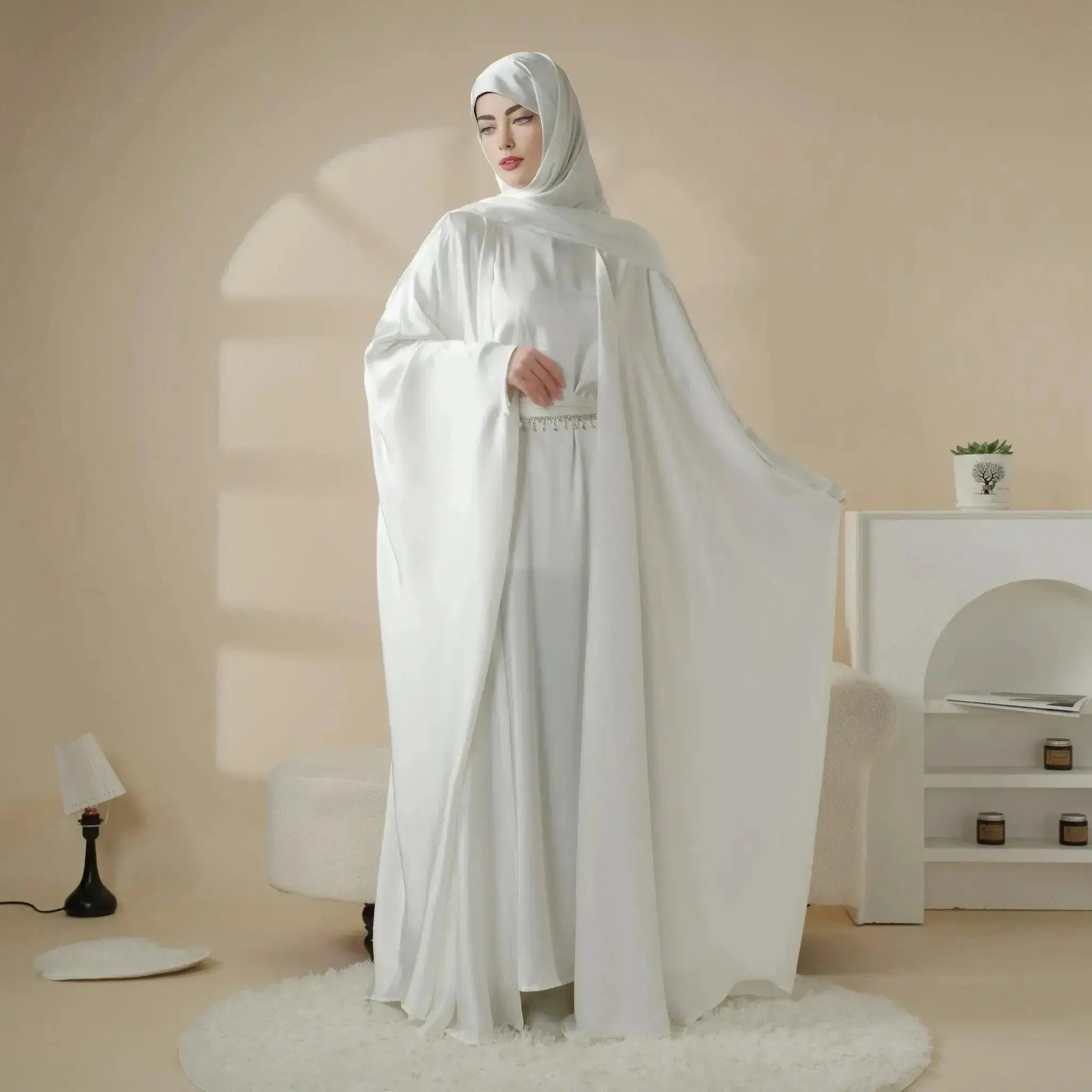 Nisamodest Women's 5-Piece Luxury Arabic Satin Abaya Set (MOA019) - Long Sleeve, Loose Full-Cover, Hijab Style, Maxi Inner Dress & Niqab, Modest Abaya Fashion, Arabic Style Abayas for Holiday Formal Wear, Modest Fashion, Full‑Cover Satin