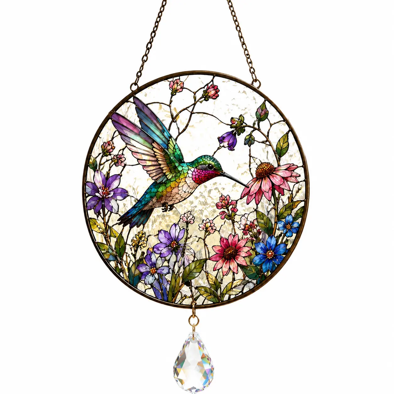 Colorful Bird Stained Glass Style Window Hanging Suncatcher with Flowers & Crystal-Style Pendant, Floral Garden Window Decor