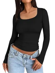 Women's Long Sleeve Square Neck Slim-Fit Breathable Knit T-Shirt, Cute Style, Casual, Moderate Fabric Thickness, All Seasons Wear, Comfortable & Stylish Design