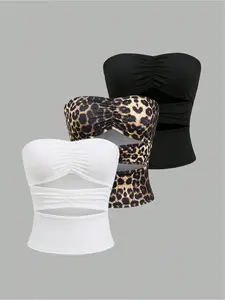 Trendy Fashion High-Quality Versatile Casual Halter Top Shoulder Cut-Out Women's Leopard Vest Set, Spring Summer Essential Breathable Cooling Piece Outfits