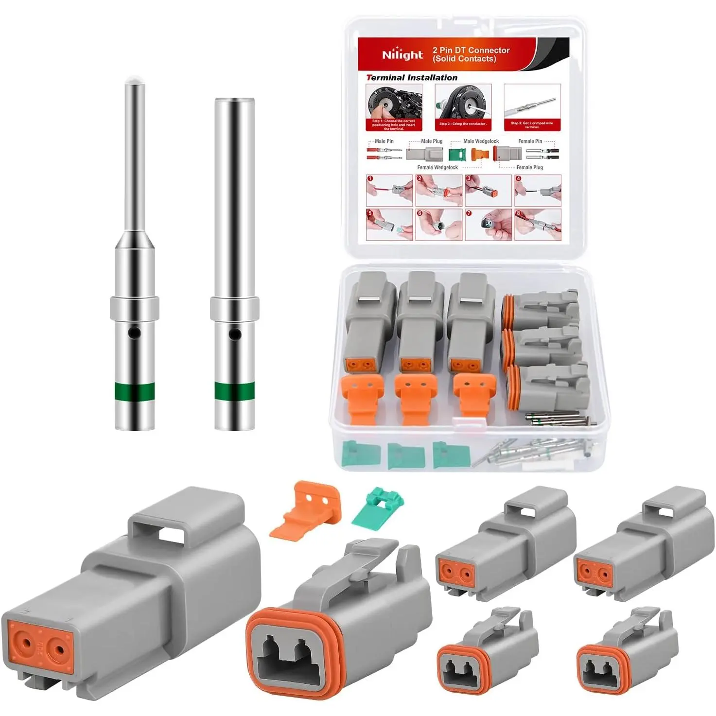 Nilight 3 Sets 2-Pin DT Connector Kit, Nickel-Plated Cu/Tin Bronze-Nickel Plate Solid Contacts, PA66 Nylon Leakproof Wire Connection Terminals for 14-20 AWG Car/Off-Road Vehicles, Abrasion-Fire Resistant Auto Replacement Parts