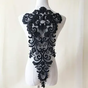 Lace Applique Patches with Beaded Sequin Floral Embroidery for Craft Projects (Black)