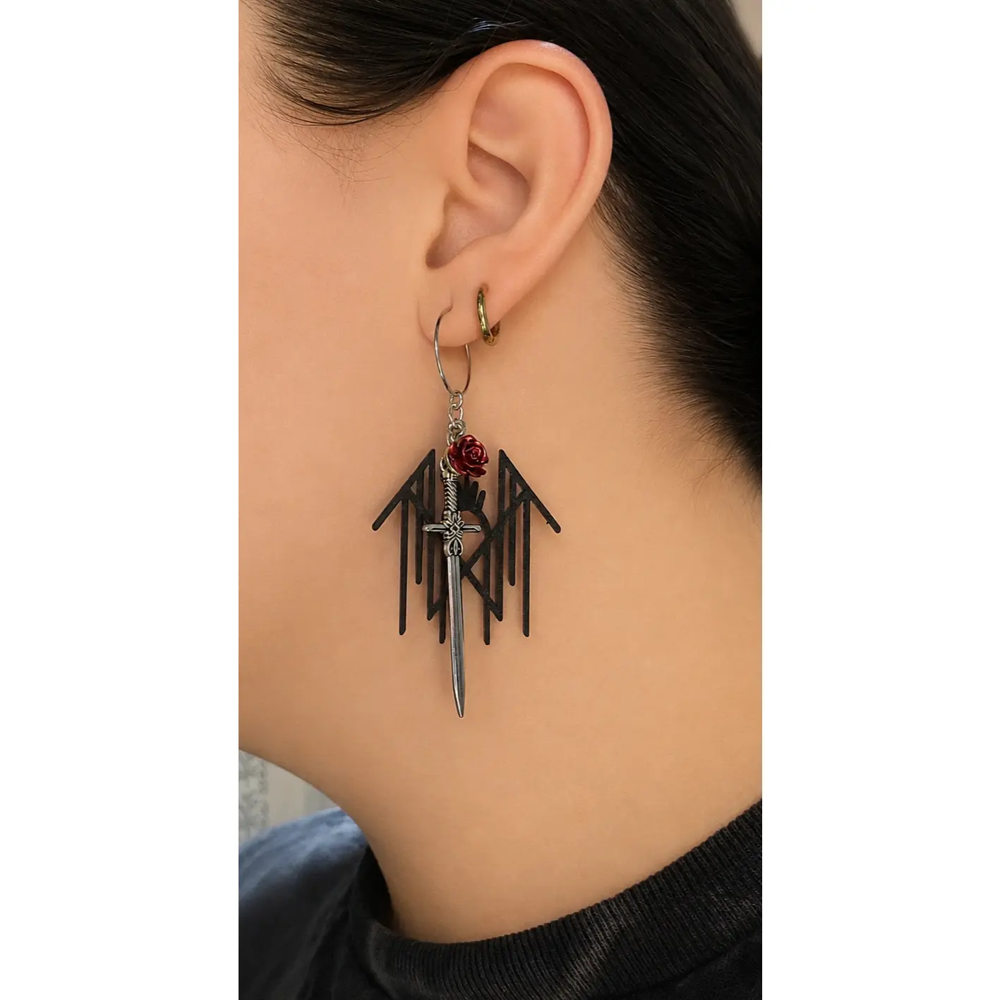 Sleep Token Inspired Black Sigil Silver Sword Red Rose Closed Loop Earrings