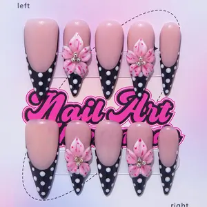 Delicatething Y2K Style Long Point False Nails, Handmade with Floral Patterns, Nail Art Design, Suitable for Parties, Includes Jelly Glue and Crystal Stick, Flower Nails, Handmade Press Ons